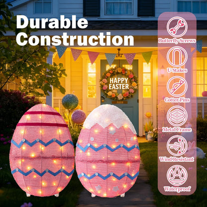 Skiennix Outdoor Easter Decorations - Set of 2 Lighted Metal Eggs | 34 Inch LED Lights for Lawn & Garden