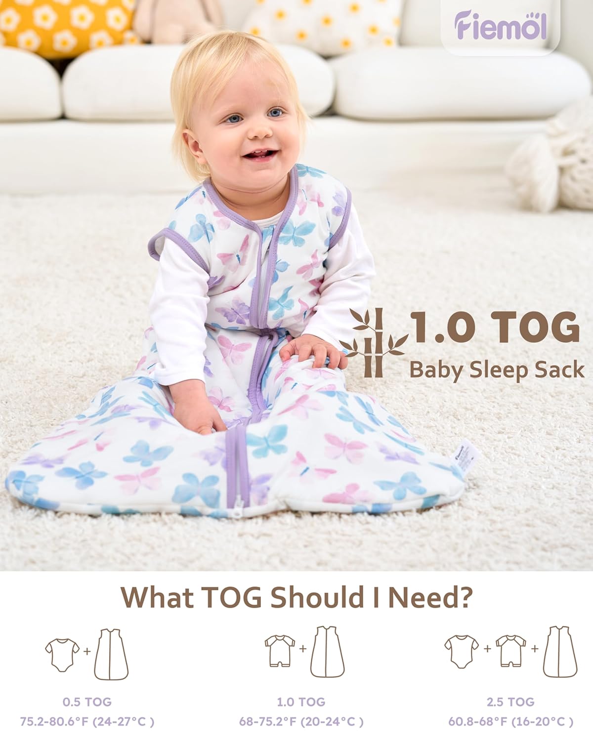 Rayon Made from Bamboo Baby Sleep Sack | Soft 1.0 Tog Wearable Blanket for Infants 6-12 Months - Purple Butterfly (2 Pack)