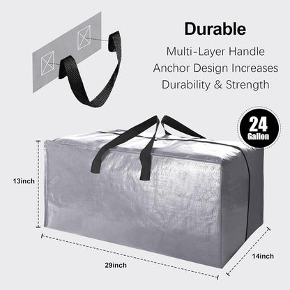VELVETSURE Heavy Duty Extra Large Moving Bags - Strong Backpack Straps & Zippers, Space-Saving Storage Totes (Set of 6, Silver)