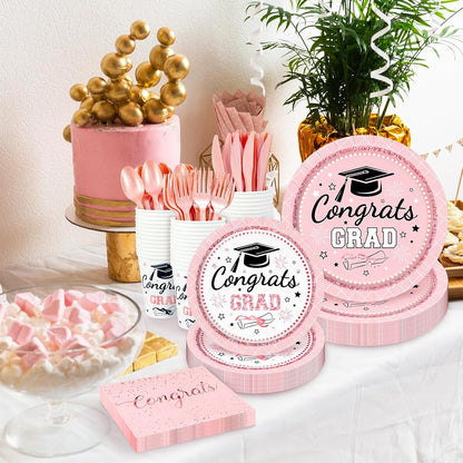 Whaline Graduation Party Supplies Set - 175 Pcs Pink Disposable Plates, Napkins, Cups & Cutlery for 25 Guests