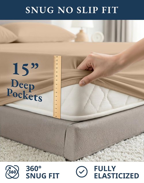 LANE LINEN 100% Organic Cotton RV Queen Sheet Sets, 4Pc Cotton Bed Sheets Short Queen Size, Percale Weave, Luxury Hotel Sheets RV Queen Size, Breathable RV Queen Sheet Deep Pocket Upto 15" - Taupe