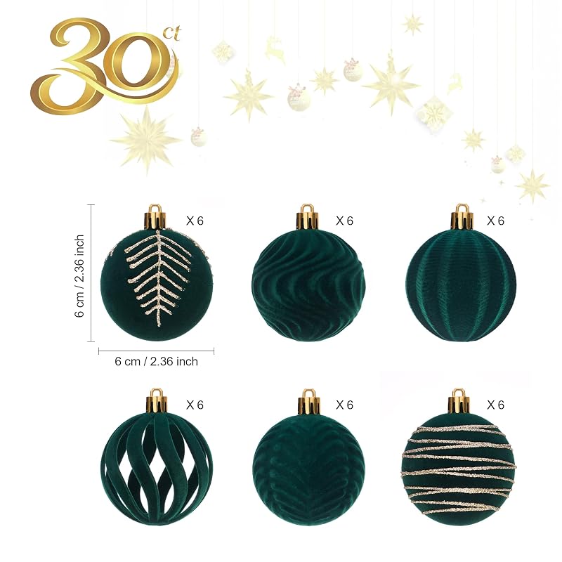 Emerald Green Velvet Christmas Ball Ornaments Set 30ct 2.36 inches - Green (Variation: Green)
