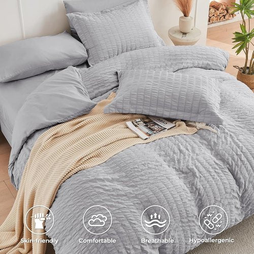 HYMOKEGE King Size Comforter Set - Luxury 7-Piece All-Season Bedding in Light Grey with Sheets & Pillowcases