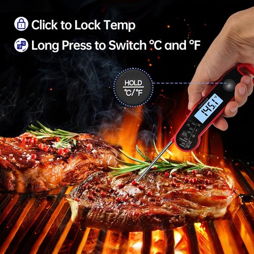 Lonicera Digital Meat Thermometer - Instant Read in 1 Sec | ±0.9℉ Accuracy, Waterproof, Auto-Rotating Display (Red)
