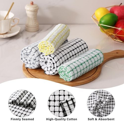 Homaxy Kitchen Towels Set - Super Soft & Absorbent Cotton Dishcloths | 16x25 & 12x12 Inches, 8-Pack in Black, Grey, Yellow, Green