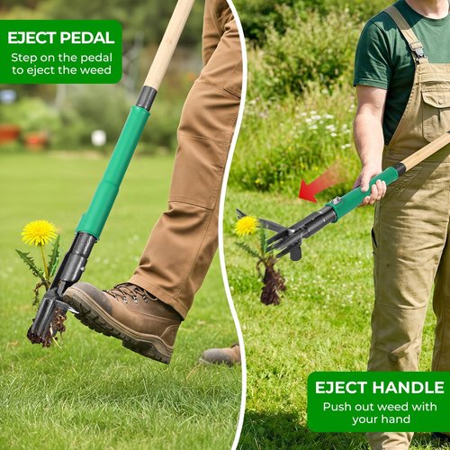 Garden Weeder Tool - Heavy Duty 43.7in Stand-Up Dandelion Remover with 2 Weed Eject Feature & Bamboo Handle