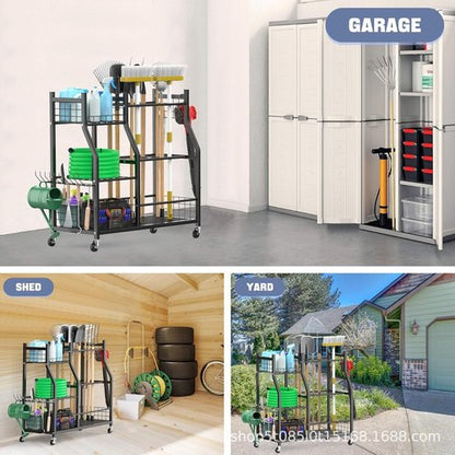 Garden Tool Organizer Rack by Extra Large | Heavy-Duty Storage Stand with Wheels for 60+ Tools - Black