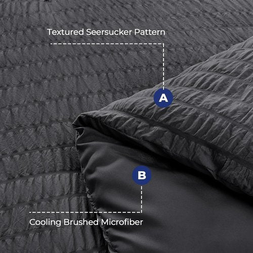 HYMOKEGE Duvet Cover Set - Ultra Soft Dark Grey Seersucker Bedding | Queen Size, 3-Piece with Zipper Closure & 8 Corner Ties (90"x90")