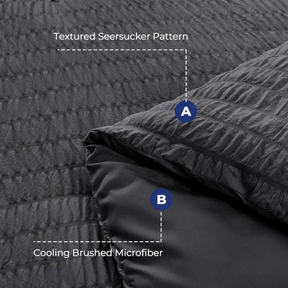 HYMOKEGE Duvet Cover Set - Ultra Soft Dark Grey Seersucker Bedding | Queen Size, 3-Piece with Zipper Closure & 8 Corner Ties (90"x90")