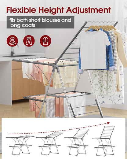 Sakugi Clothes Drying Rack - Foldable 2-Level Design with Height-Adjustable Wings | Space-Saving Indoor & Outdoor Use, Gray 55.5" L × 22.8" W