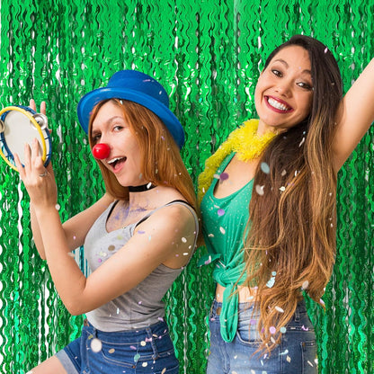 Skiennix Green Tinsel Foil Fringe Curtains - Metallic Wavy Backdrop for Party & Photo Booth Decor