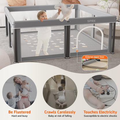 Skiennix Foldable Baby Playpen - 50" x 50" Collapsible Playard for Indoor & Outdoor Use | Portable with Mat & 30 Ocean Balls