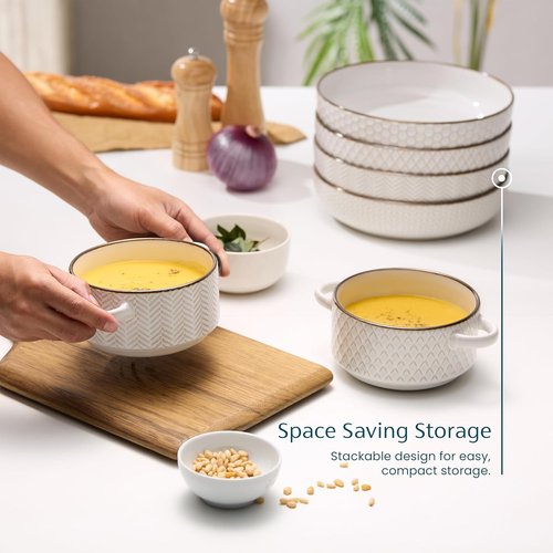 KooK Ceramic Pasta Bowls - Large Capacity Serving Bowls for Stews & Salads | Set of 4, Ivory with Dark Copper Accents, 40 oz