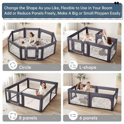 Large Baby Playpen - Adjustable 79x71 Inch Foldable Indoor & Outdoor Toddler Fence | Dark Grey
