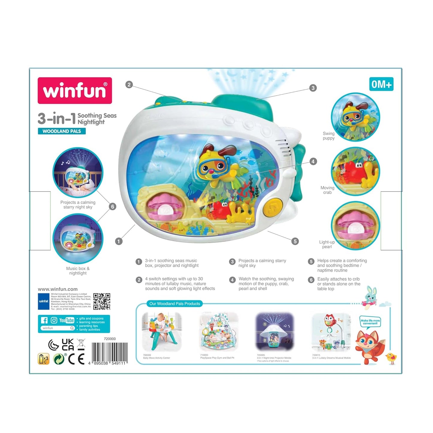 Winfun 3-in-1 Soothing Seas Nightlight - Music Box Projector with Calming Lullabies | Perfect for Crib or Tabletop