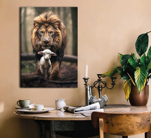 Framed Lion and Lamb Canvas Wall Art - Christian Jesus Lion King Poster for Living Room & Bedroom Decor