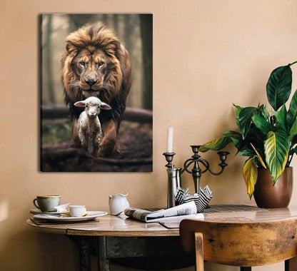 Framed Lion and Lamb Canvas Wall Art - Christian Jesus Lion King Poster for Living Room & Bedroom Decor