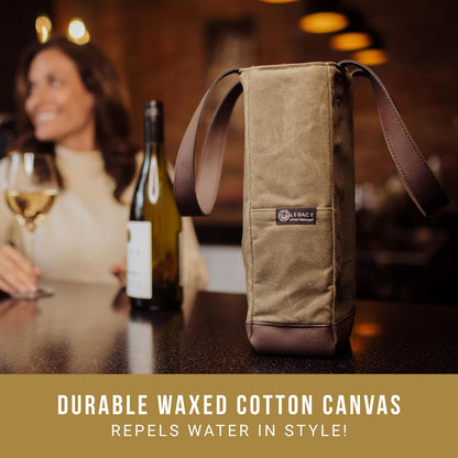 PICNIC TIME 2 and 3 Bottle Insulated Wine Bag, Distressed Waxed Canvas Wine Tote, Durable Bottle Carrier Bag for Gifts and Travel with Side Pockets & Removable Divider (Khaki Green with Brown Accents)