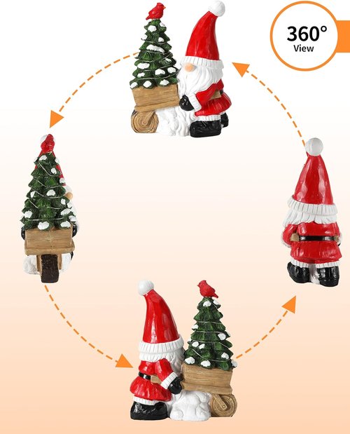 iStatue Santa Gnome Figurine - Lighted Mini Christmas Tree & Cardinal Decor - 9.5 Inch Holiday Tabletop Decor