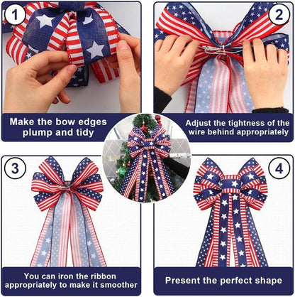 Hying Patriotic 4th of July Bows - Large Red, Blue & Stripe Burlap Wreath Decor | Memorial Day Tree Topper