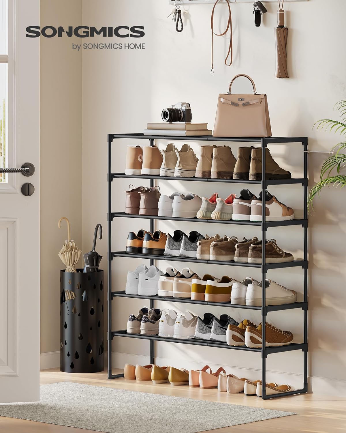 SONGMICS 6-Tier Shoe Rack - Stackable Metal Organizer for 24-30 Pairs | Black, 11.8 x 36.2 x 42.7 Inches