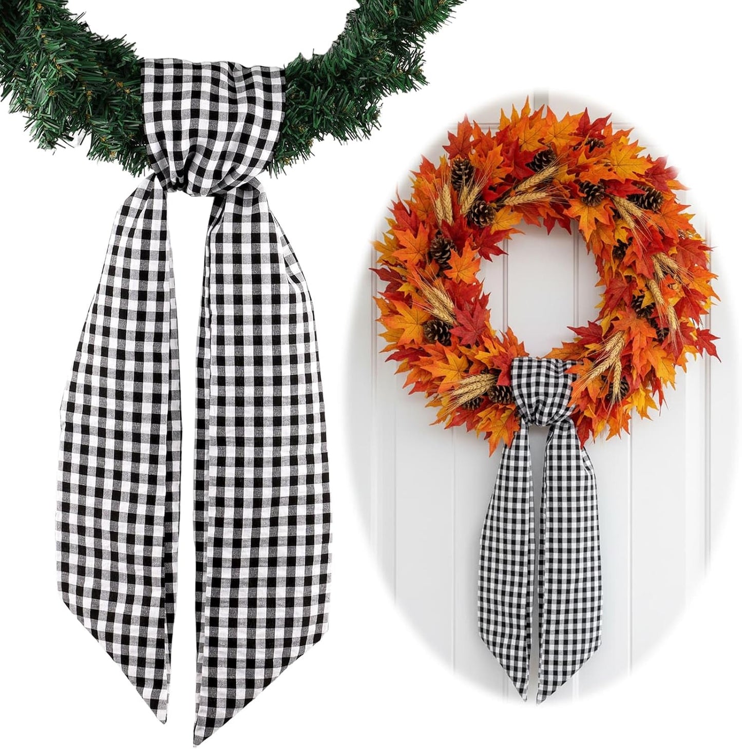 Regine Switzerland Wreath Sash - Elegant Black White Checkered Plaid Bow for Year-Round Home Decor (5.12" x 54.33")