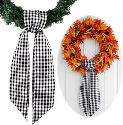 Regine Switzerland Wreath Sash - Elegant Black White Checkered Plaid Bow for Year-Round Home Decor (5.12" x 54.33")