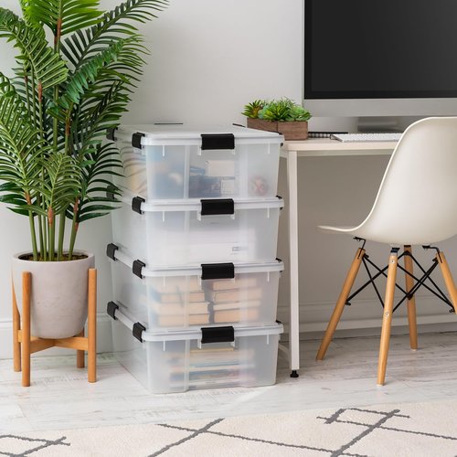 IRIS USA WeatherPro 41 Qt Storage Bins - BPA-Free Plastic, Stackable & Nestable with Tight Seal | Clear/Black, 4 Pack
