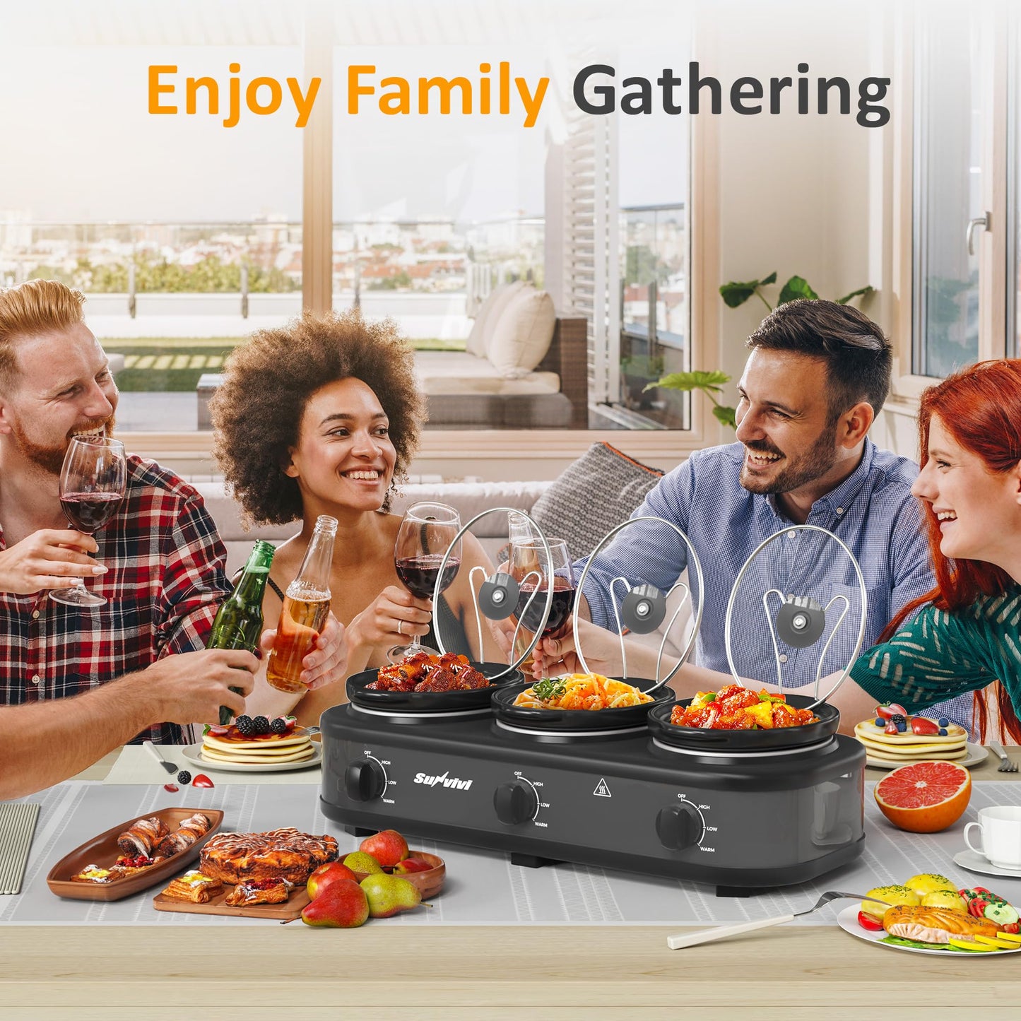 SUNVIVIPRO Triple Slow Cooker, Buffet Food Warmer with three 1.5-Quart Removable Ceramic Pots, Buffet Servers and Warmers with Glass Lids and 3 Spoons, Stainless Steel,Grey