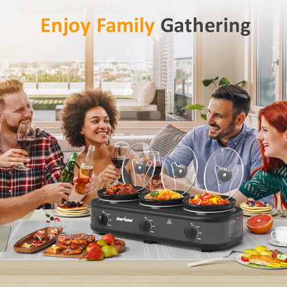 SUNVIVIPRO Triple Slow Cooker, Buffet Food Warmer with three 1.5-Quart Removable Ceramic Pots, Buffet Servers and Warmers with Glass Lids and 3 Spoons, Stainless Steel,Grey