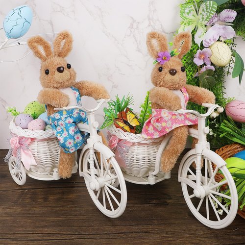 Juegoal Easter Tabletop Decorations - Set of 2 Bunny Couple Riding Bikes | 10" Cute Animal Figurines for Spring Home Decor