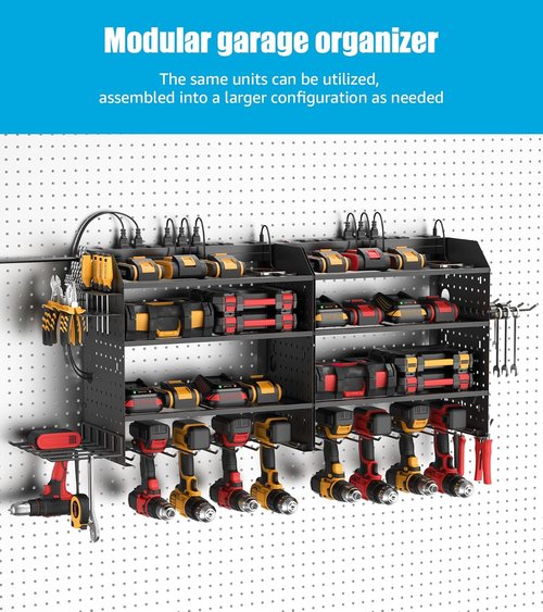 CCCEI Modular Power Tools Organizer - 4-Layer Wall Mount with USB Charging Station | Black, 6FT Cord