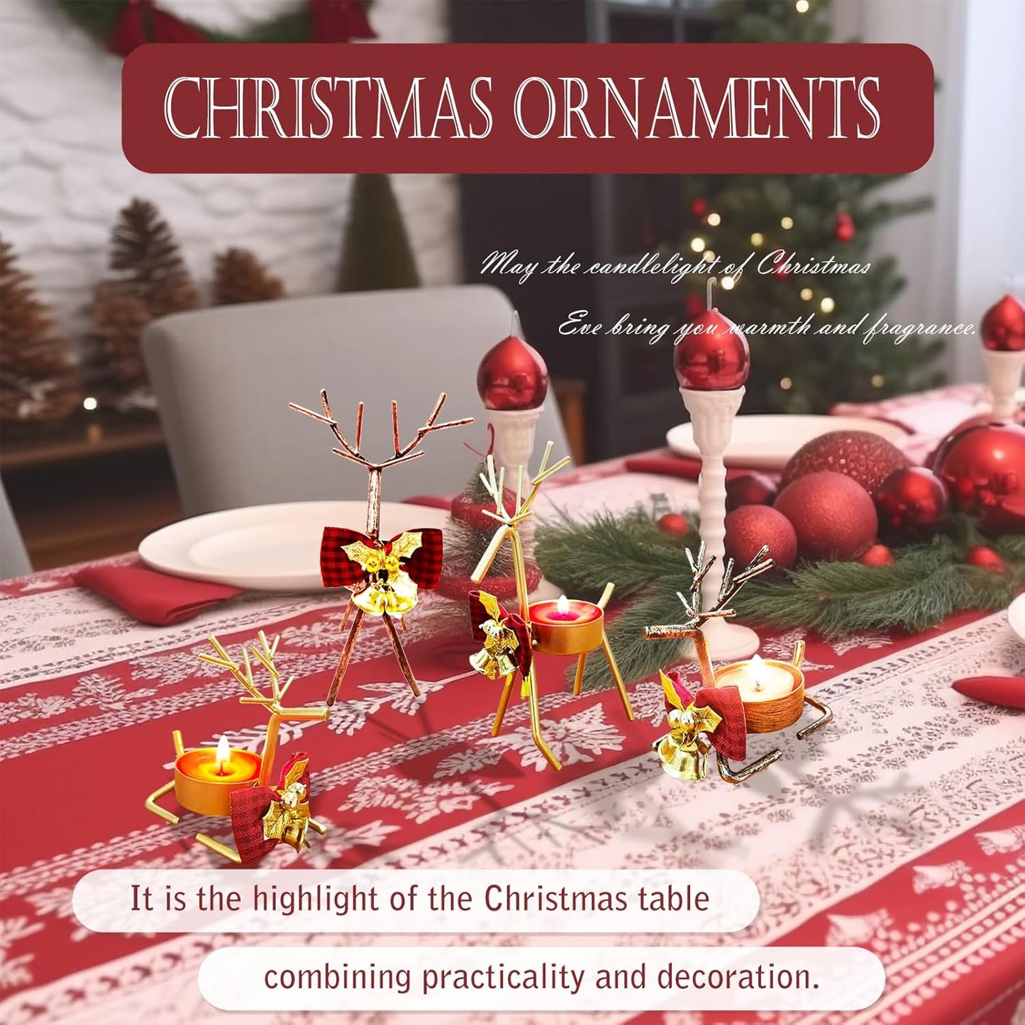 Skiennix Christmas Candle Holders - 4pcs Reindeer Tealight Centerpieces | Metal Holiday Decor