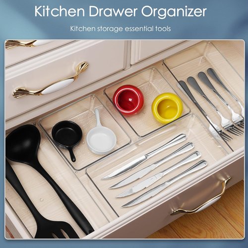 Clear Plastic Drawer Organizer Set by [Brand Name] - 12 Pack Non-Slip Storage Bins for Makeup, Kitchen & Office