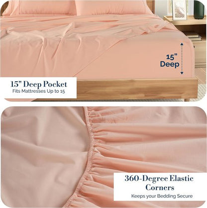 Casa Platino 100% Cotton King Size Sheets Set - 6 Piece Cooling Percale Sheets with 15" Deep Pocket - Veiled Rose