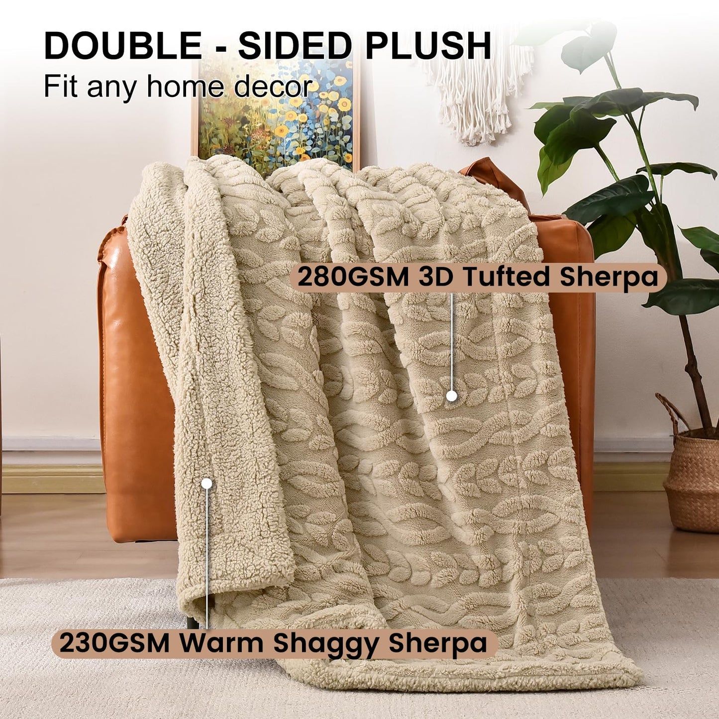 PHF Fluffy Sherpa Blanket King Size for Winter, Warm and Soft, 510GSM 3D Jacquard Thick Shaggy Fleece Plush Blanket for Sofa Bed, Khaki, 108"x90"