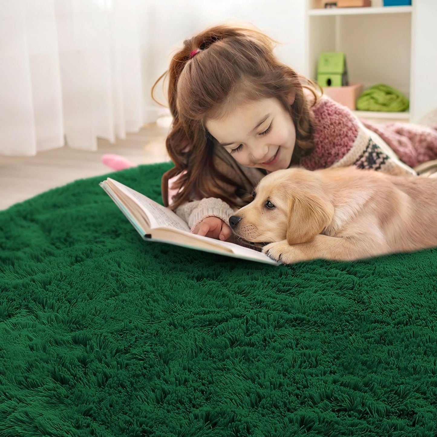 OLANLY Dark Green Round Area Rug - Soft, Fluffy, Machine Washable 5 ft Circle Carpet for Bedrooms & Living Rooms