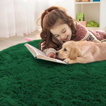 OLANLY Dark Green Round Rugs for Bedroom - Machine Washable, 2 ft Circle Area Rugs for Living Room, Soft and Fluffy Shaggy Carpet for Teen Girls and Boys, Nursery Rooms, Dorms, Home Decor Aesthetic