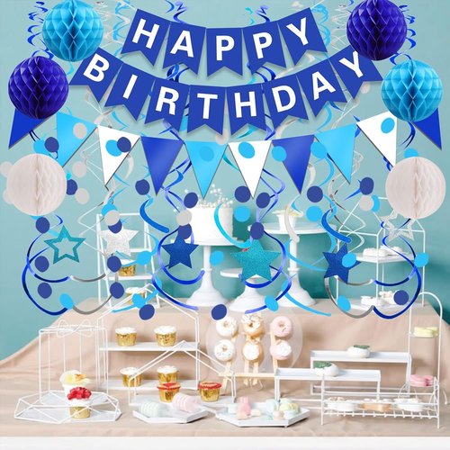 FECEDY Happy Birthday Banner - Navy Blue Paper Flag & Circle Garland | Party Decorations Set