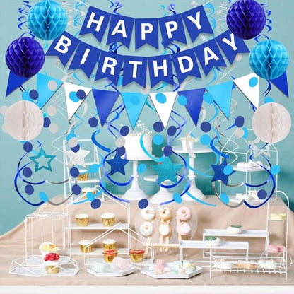 FECEDY Happy Birthday Banner - Navy Blue Paper Flag & Circle Garland | Party Decorations Set