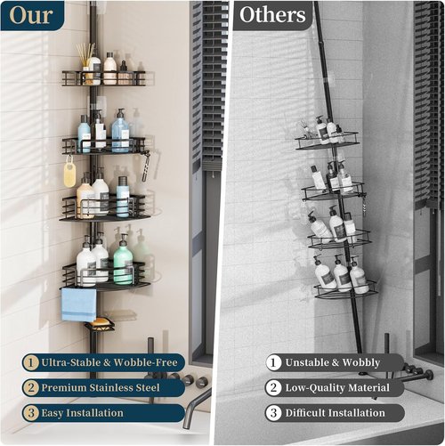 Consumest Corner Shower Caddy Tension Pole - Adjustable Rustproof Bath Organizer with Towel Bar & Soap Holder | 27.6-108.3 Inch, Black