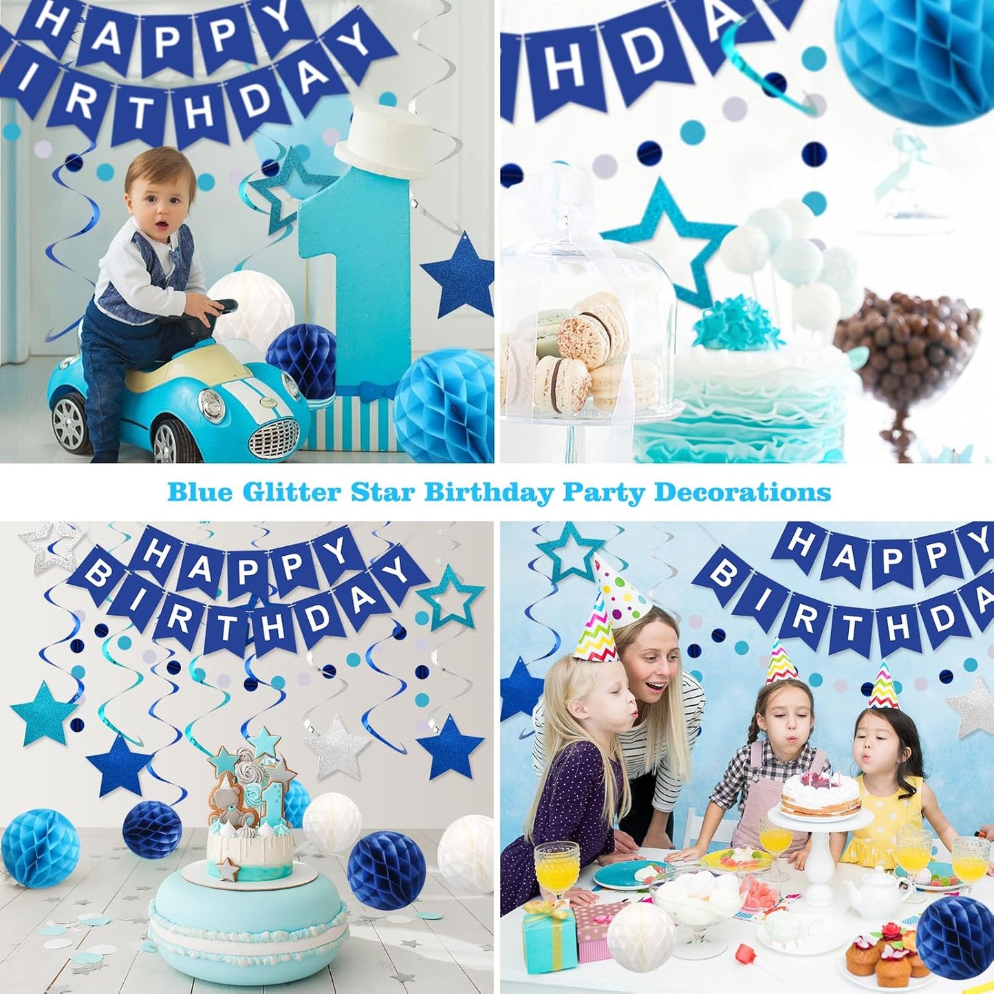 Meowtastic Birthday Decorations - Happy Birthday Banner with Honeycomb Balls & Swirl Streamers | Blue