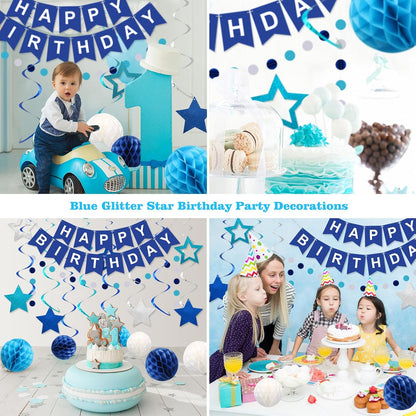Meowtastic Birthday Decorations - Happy Birthday Banner with Honeycomb Balls & Swirl Streamers | Blue