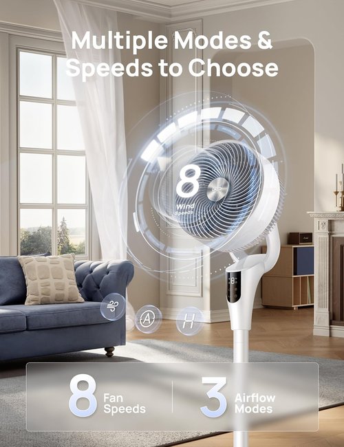 DREO Oscillating Standing Fan - 90° Airflow, 20dB Quiet Operation, Adjustable Height 38-42''
