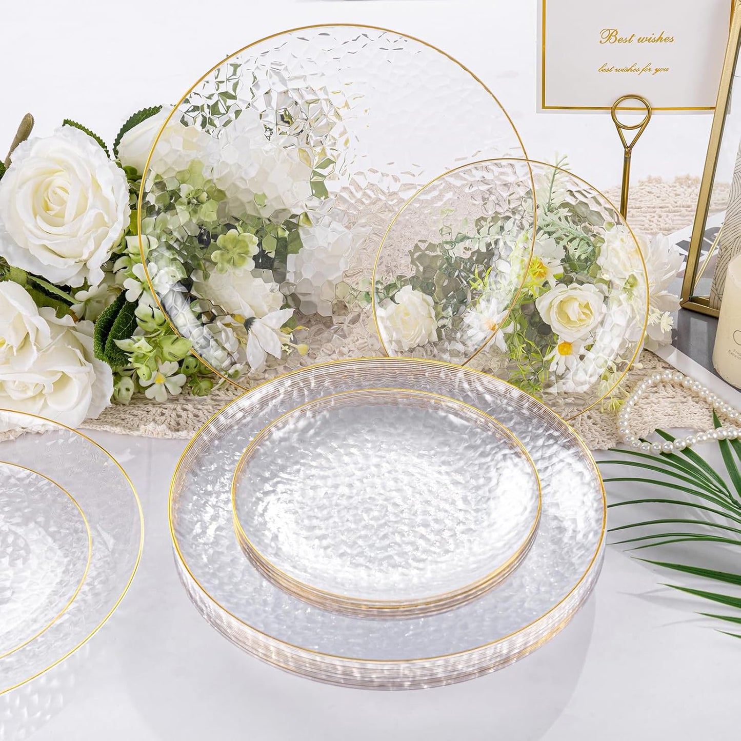 Rubtlamp Clear Plastic Plates - 60 Pcs Heavy-Duty Disposable Plates with Gold Rim | Perfect for Weddings & Parties