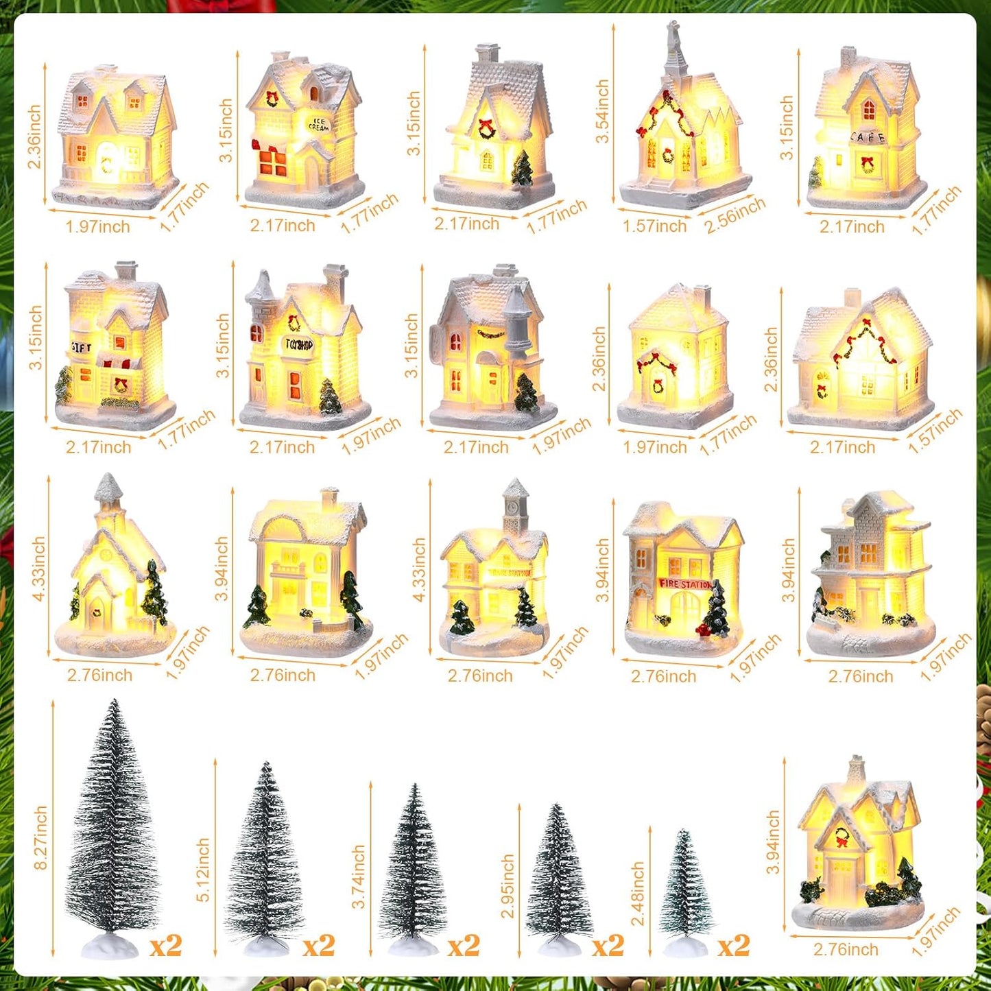 Vinsot 26-Piece Resin Winter Miniature Village Set - Light-Up LED Houses & Pine Trees Decor