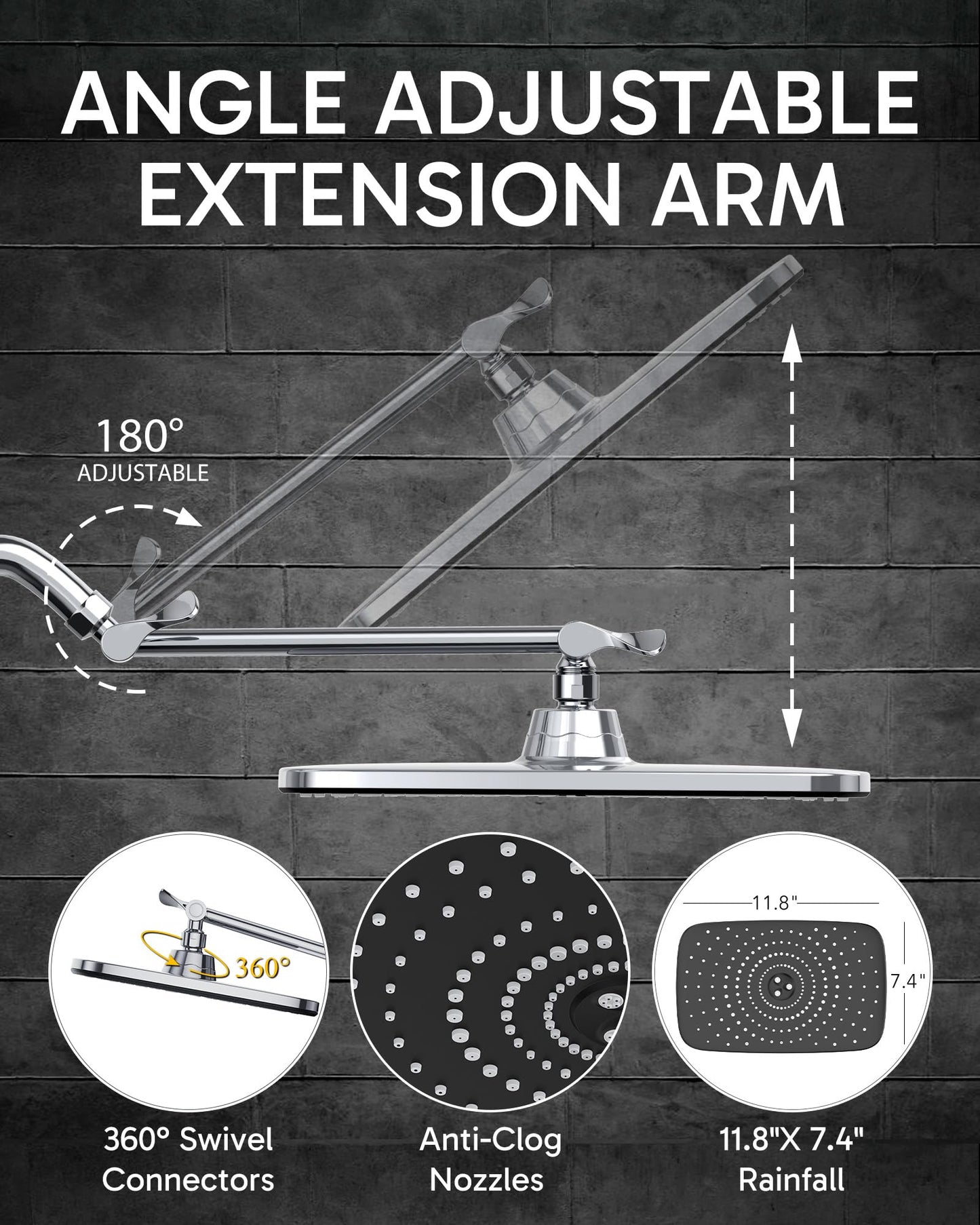 Veken Rain Shower Head,11.8 Inch Large Rainfall Showerhead, Adjustable Stainless Steel Extension Arm, Detachable High Flow Rain Fall Showerheads with Anti-Clog Nozzles, Matte Black