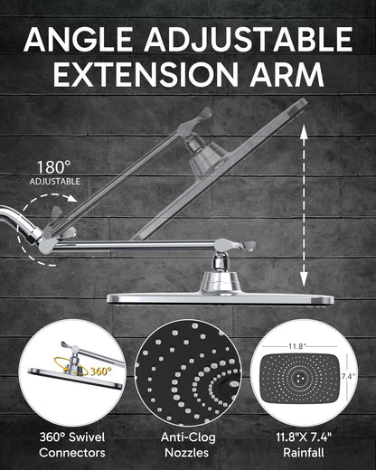 Veken Rain Shower Head,11.8 Inch Large Rainfall Showerhead, Adjustable Stainless Steel Extension Arm, Detachable High Flow Rain Fall Showerheads with Anti-Clog Nozzles, Matte Black