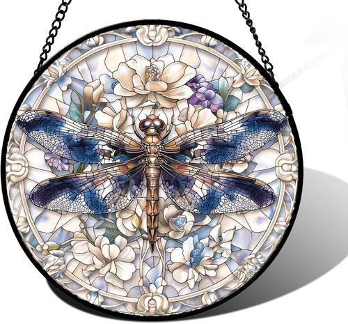 DASTOLL Stained Glass Suncatcher - Dragonfly Flower Design | 11.8x11.8 in Home Decor Gift for All Occasions