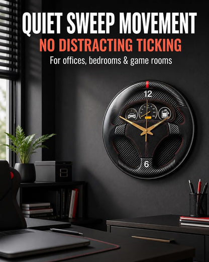 Garage Car Wall Clock - Black Sports Dashboard Style, Luminous Hands, 12 Inch